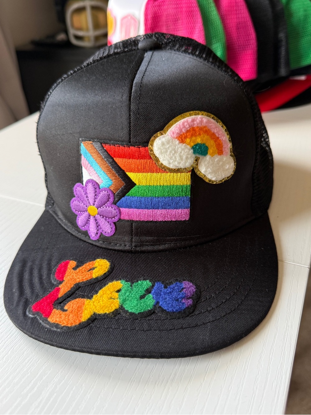 Black Trucker Patch Hat with Rainbow Patch Foam Front Mesh Back OS